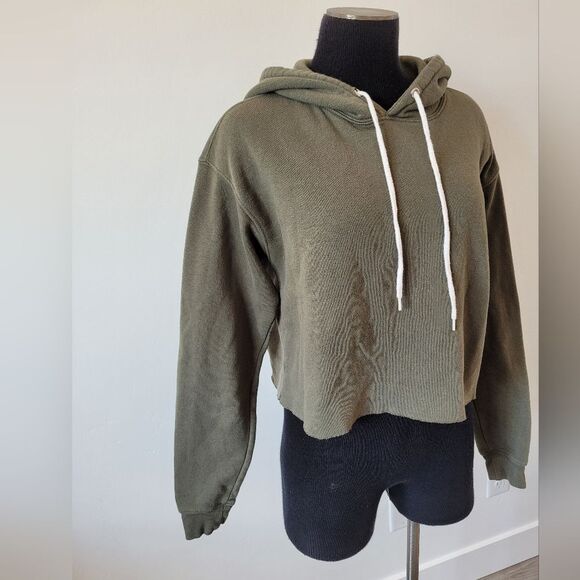 Cropped Hoodie Olive Army Green Cozy Oversized Boxy Cotton Loungewear Medium - Picture 2 of 9